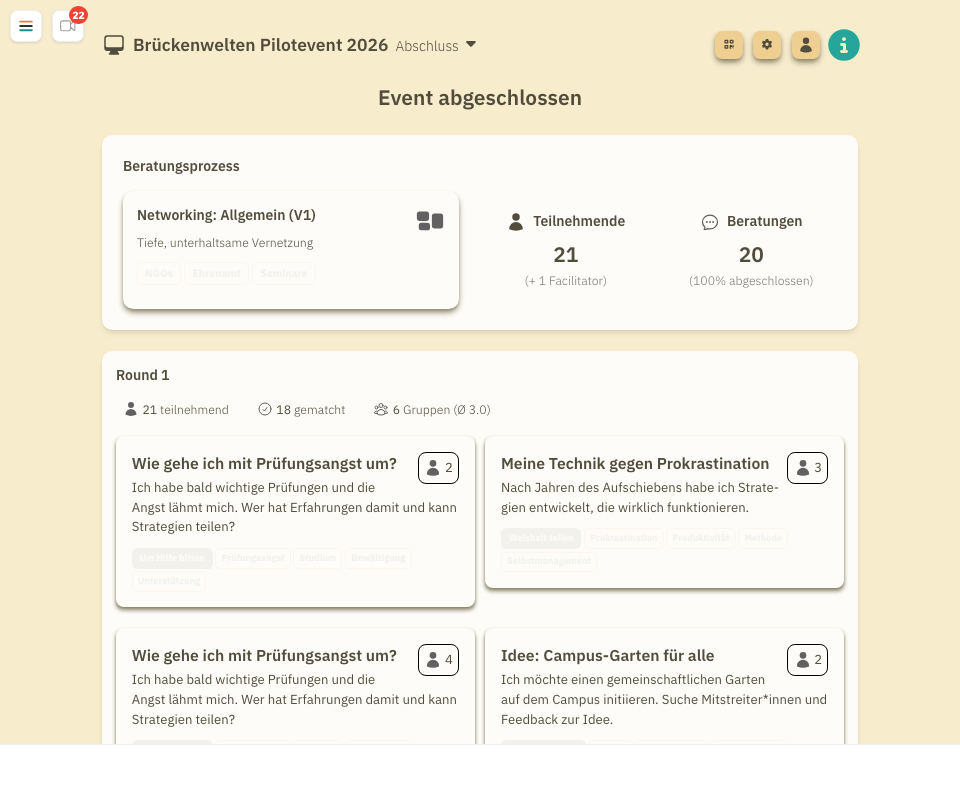 Dashboard-Zusammenfassung nach Abschluss des Events