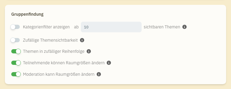 Event-Einstellungen: Gruppenfindung