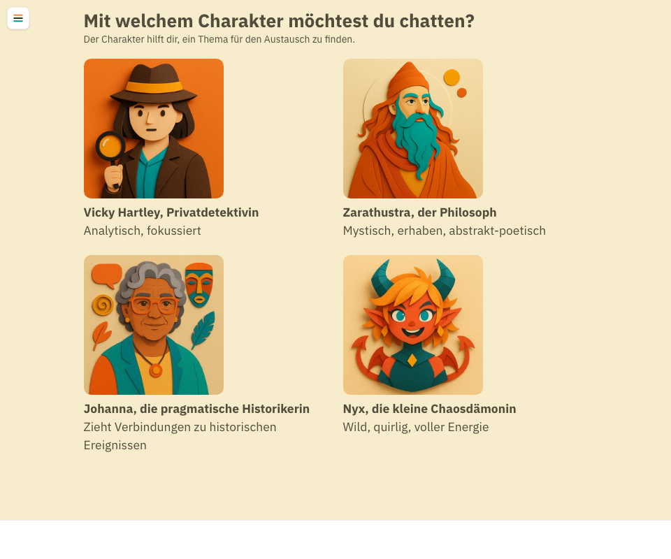 Charakterauswahl zu Beginn des Beratungsgesprächs