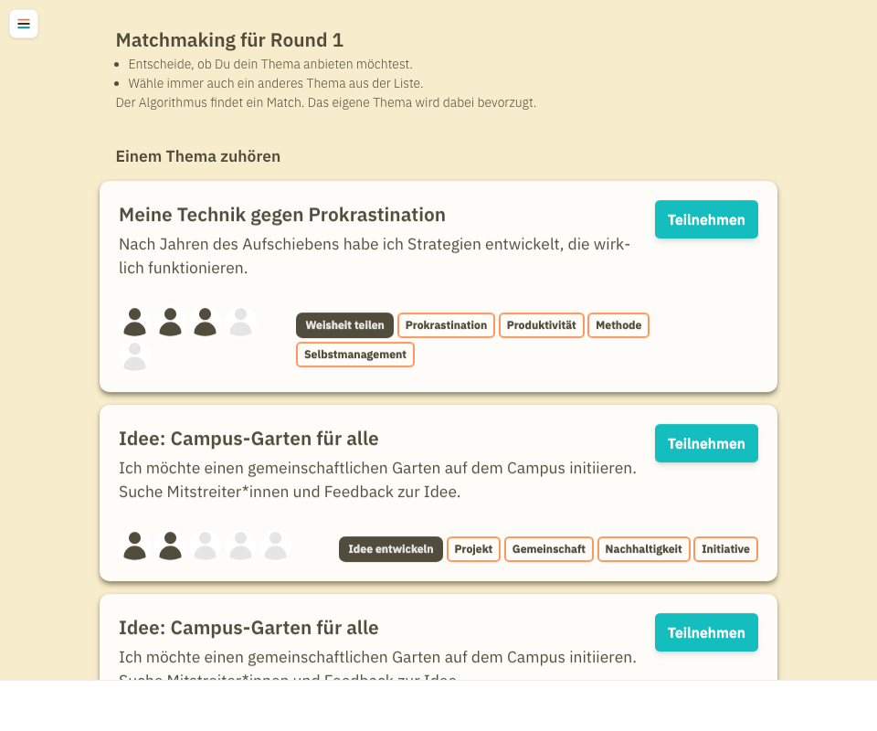 Themenübersicht in der Gruppenfindung