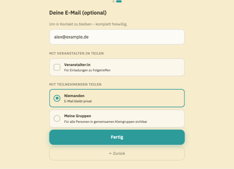 Onboarding: E-Mail und Sichtbarkeitseinstellungen