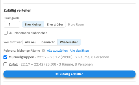 Abschnitt „Zufällig verteilen“ mit „Wer trifft wen“-Auswahl und Referenzliste