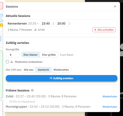 Sessions-Overlay mit aktuellen Sessions, Zufallsverteilung und früheren Sessions